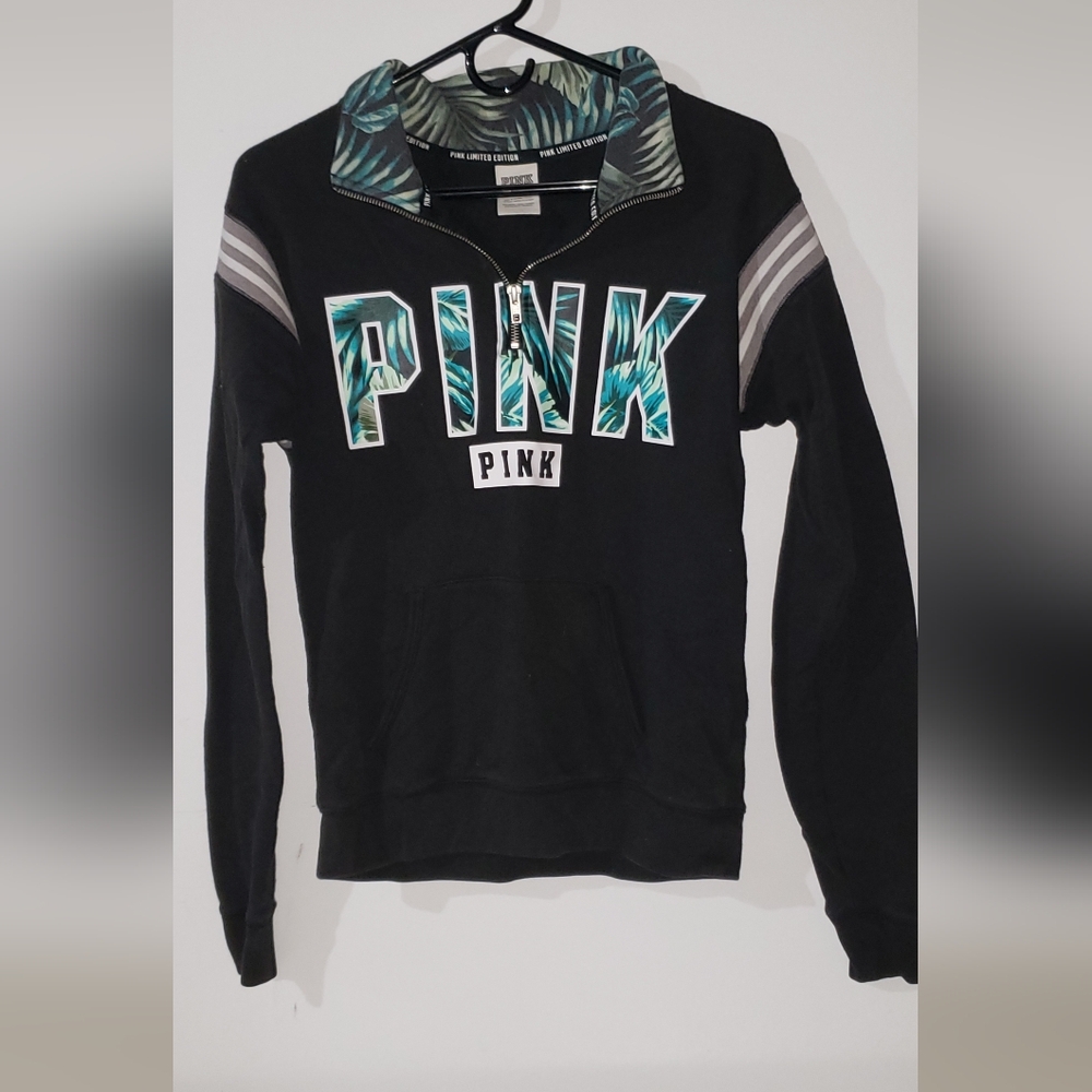 Victoria's Secret PINK Black Pullover with Teal Leaf Print